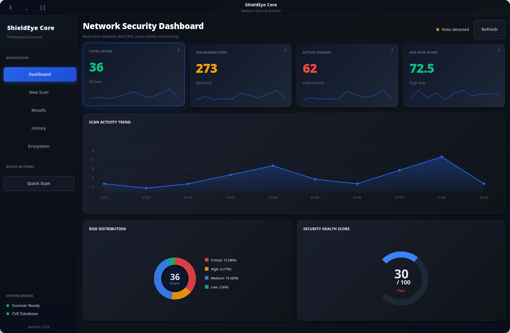 ShieldEye Core desktop dashboard showing a network scan overview with open ports and discovered hosts