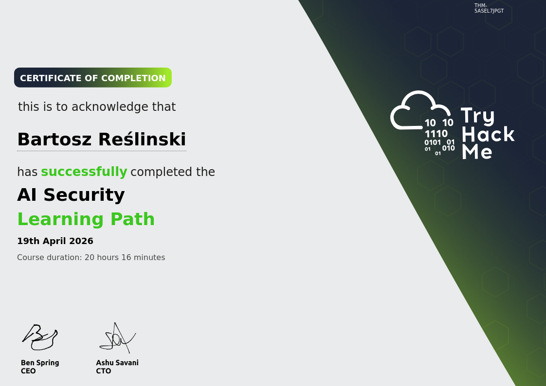 TryHackMe AI Security certificate awarded to Bartosz Reślinski, certificate code THM-5ASEL7JPGT